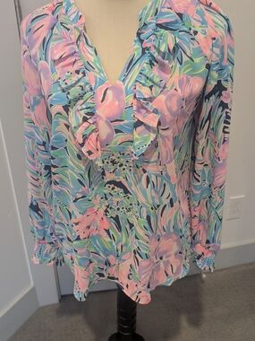 Lilly Pulitzer Pastel Floral Ruffle V-Neck Blouse